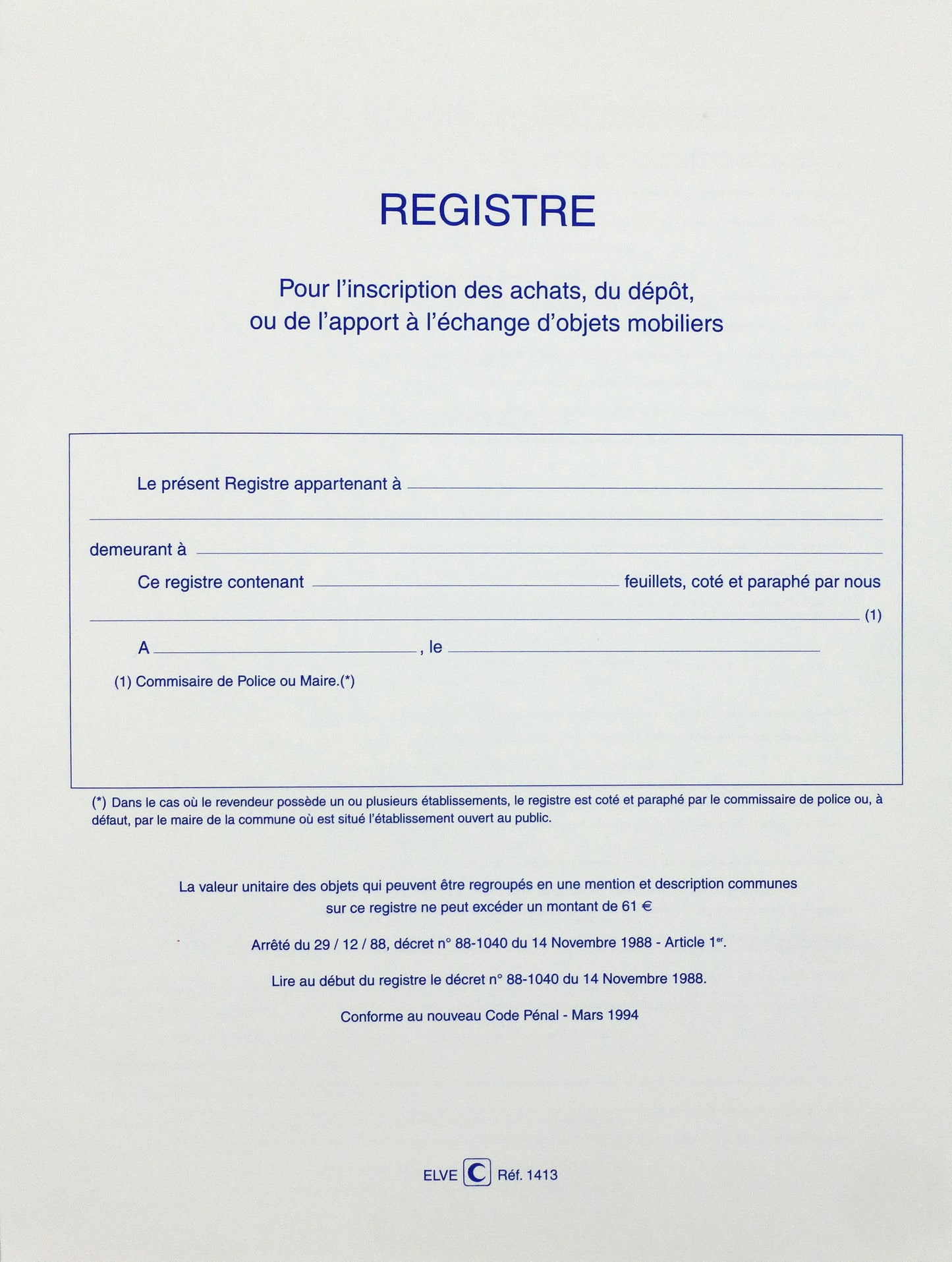 Registre d'objets mobilier antiquaires et brocanteurs - Ref : 1413