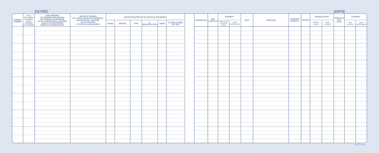 Registre d'objets mobiliers à l'usage des revendeurs de véhicules d'occasion - Réf: 1414