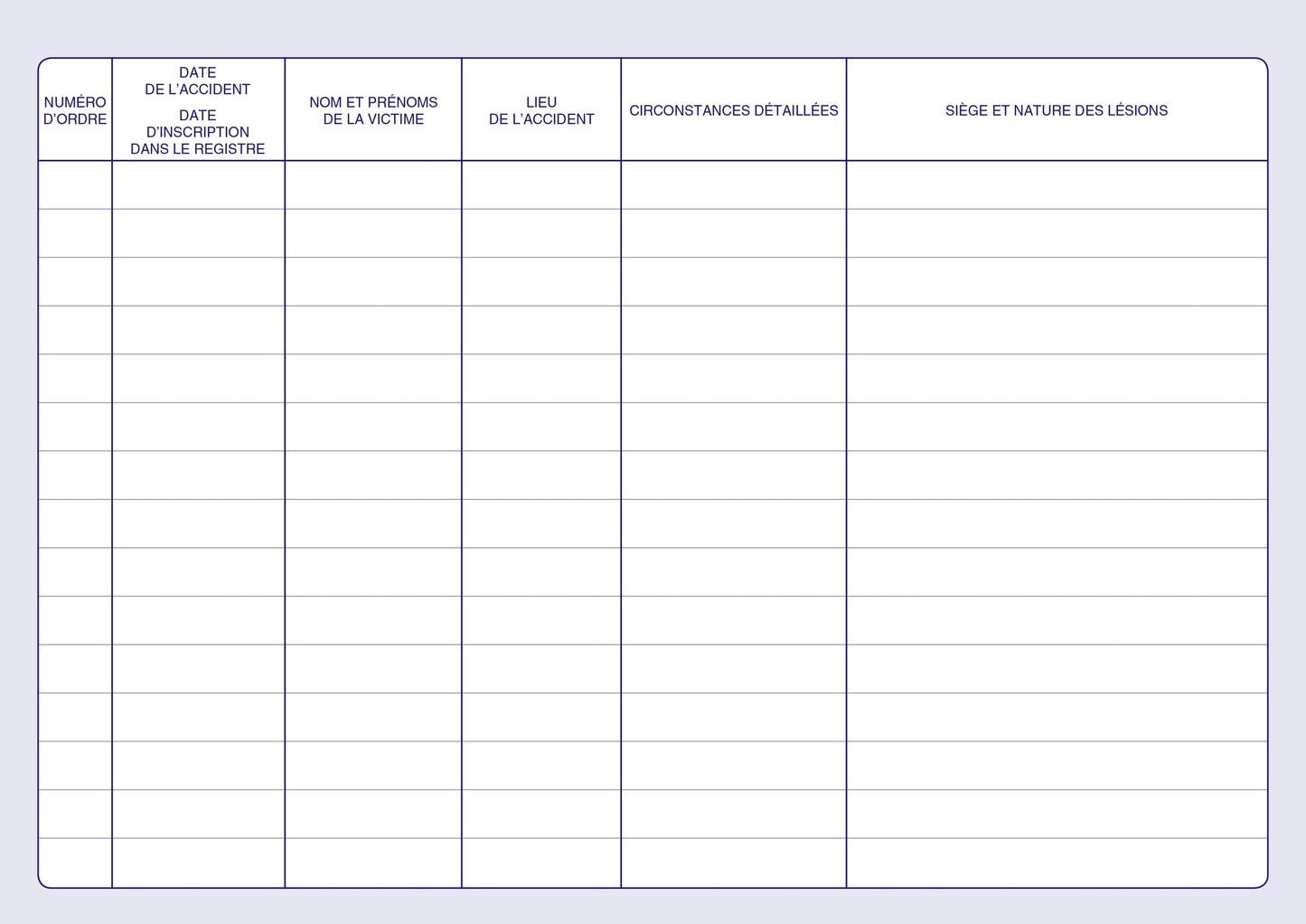 Registre des accidents du travail bénins - Ref : 1468
