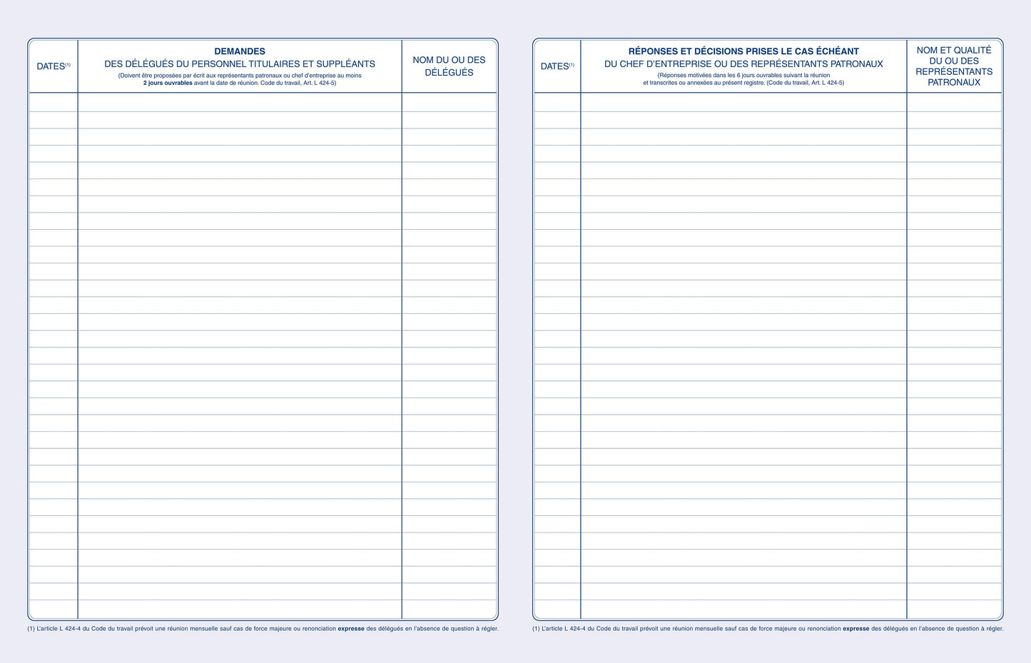 Registre délégués du personnel - Ref : 1470