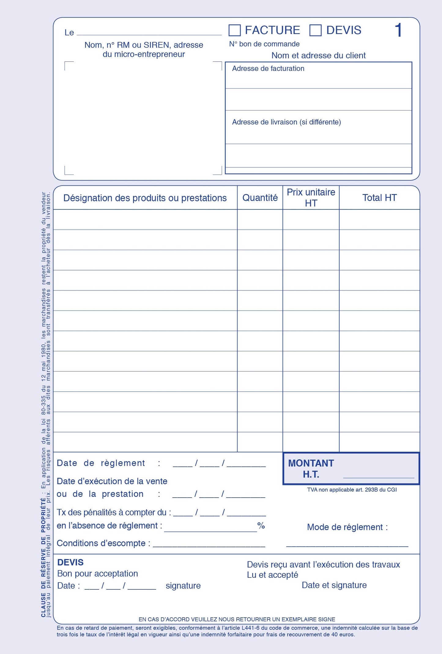 Ref: 19550 - Carnet auto-entrepreneurs sans TVA "Factures-devis" - A5 - 50 dupli - Vendu par 5