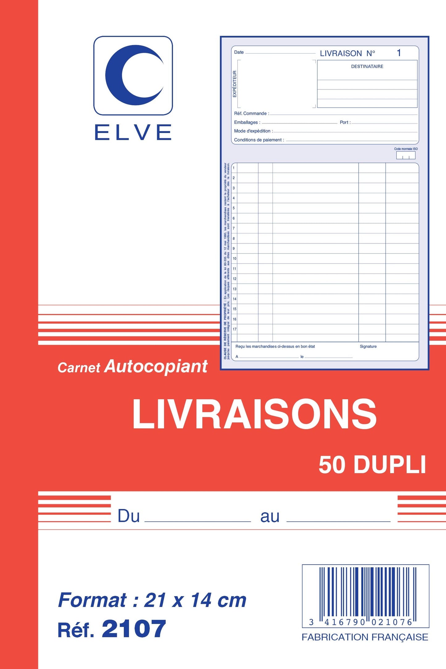 Ref: 2107 - Carnet "Livraisons" - A5 - 50 dupli - vendu par 10