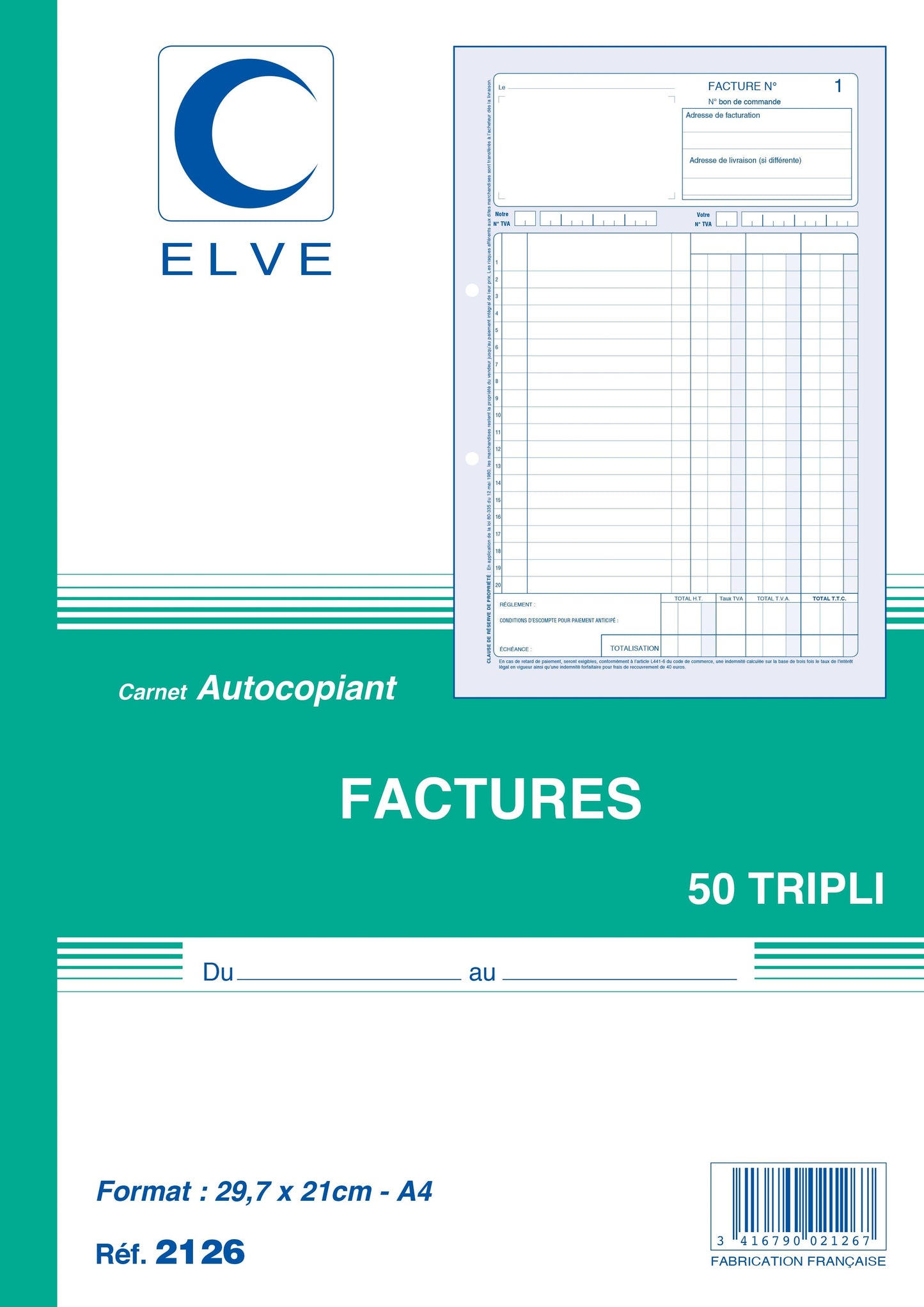 Ref: 2126 - Carnet "Factures avec TVA" - A4 - 50 tripli - vendu par 5
