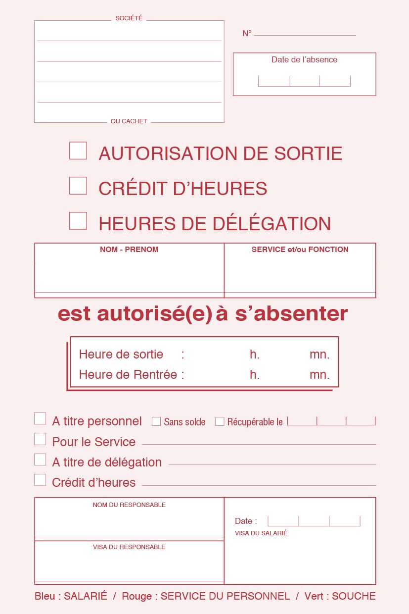 Ref: 2245 - Carnet "Autorisation de sortie" - A5 - 50 tripli - vendu par 10