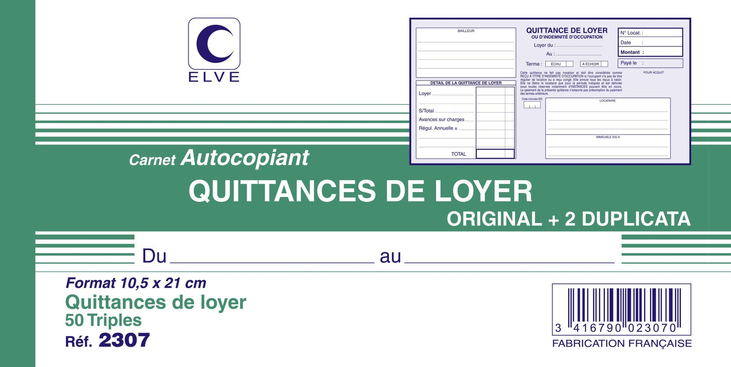 Ref: 2307 - Carnet "Quittances de loyer" - 105 x 210 - 50 tripli - Vendu par 10