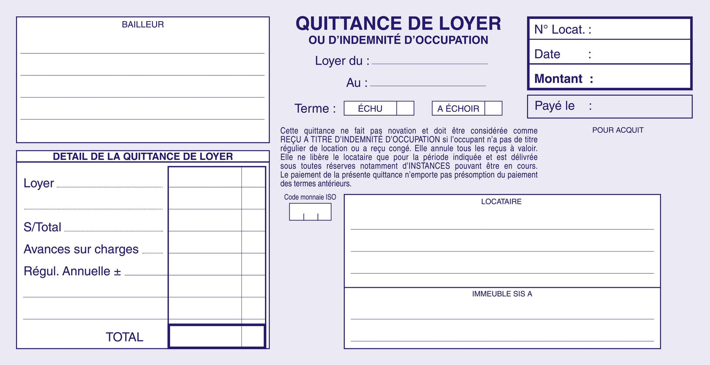Ref: 2307 - Carnet "Quittances de loyer" - 105 x 210 - 50 tripli - Vendu par 10