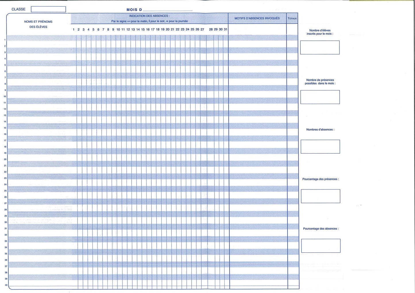 Registre Cahier d'appel journalier avec entaillage latéral - Ref: 36285