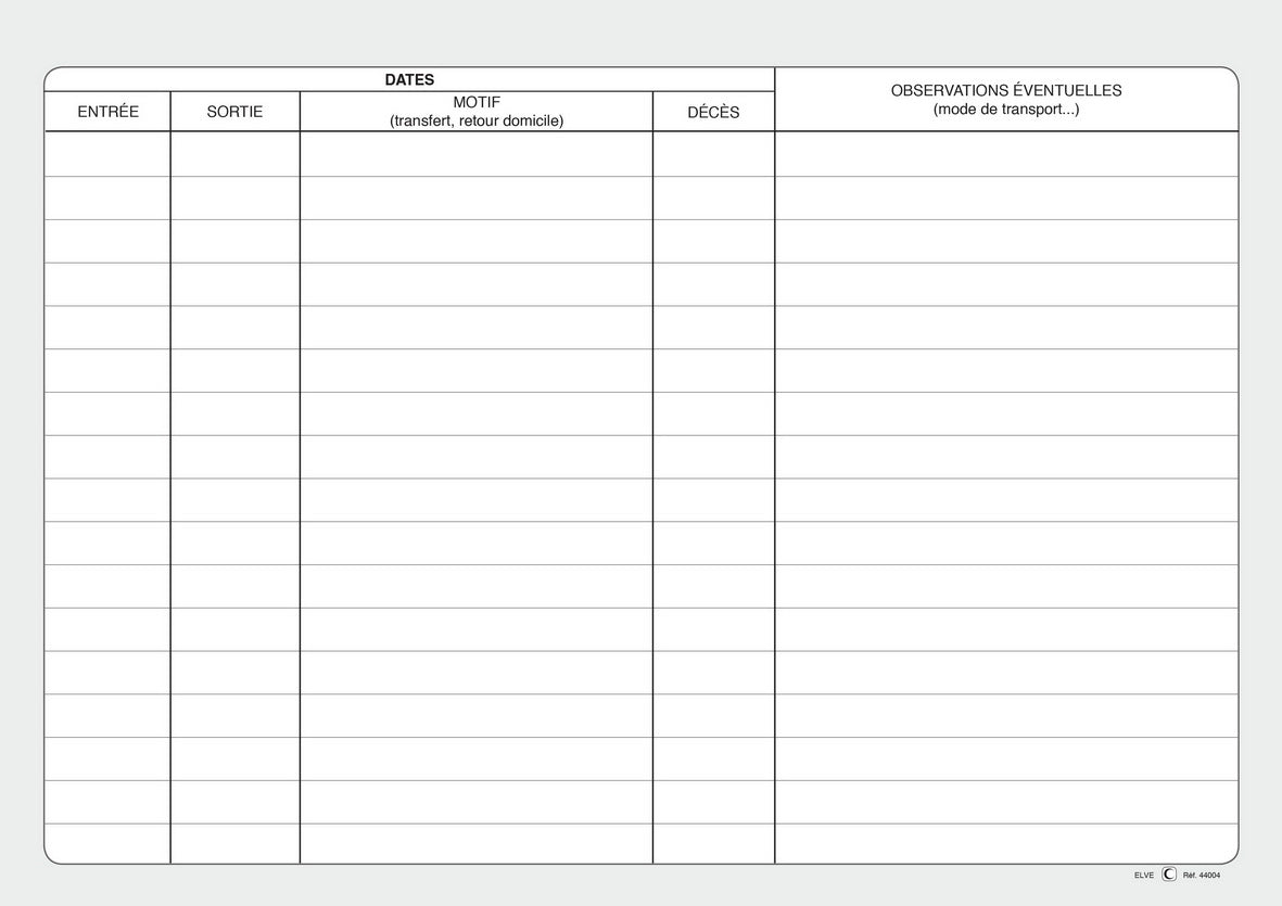 Ref: 44004 - Registre des entrées et sorties des résidents dans l'EHPAD 210x297 96 pages