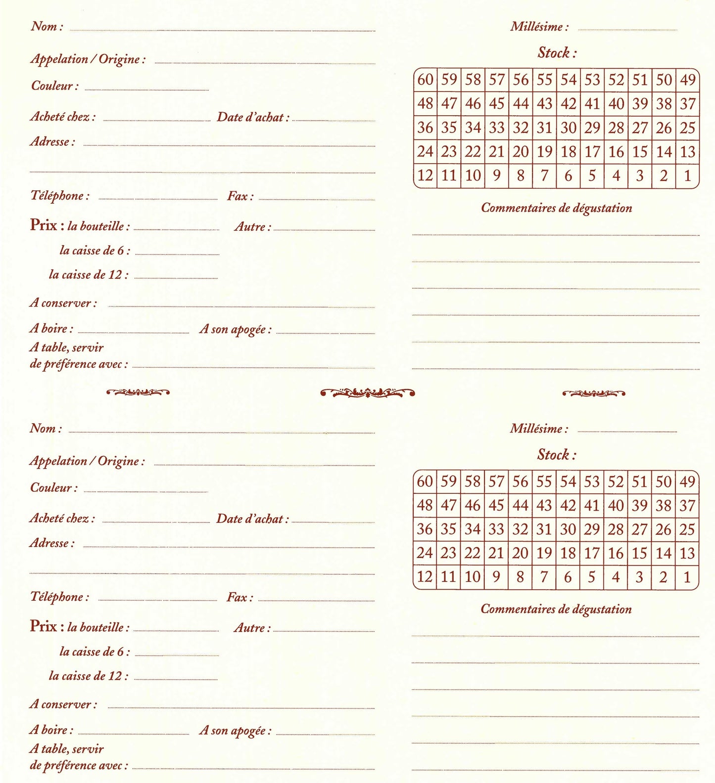 Ref: 61 - Recharge livre de cave 210x210 - 92 pages - ivoire -impression encre bordeaux avec descriptif des vins, conservation des étiquettes et intercalaires de classement par région vinicole