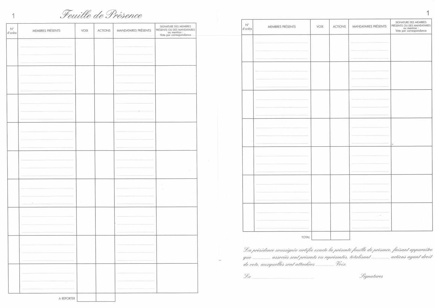 Recharge de 80 feuillets numérotés "feuilles de présence" - Ref : 11744