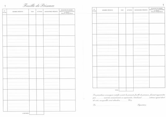 Recharge de 80 feuillets numérotés "feuilles de présence" - Ref : 11744