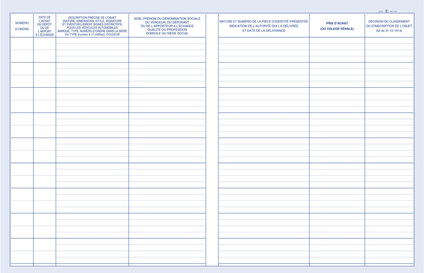 Registre d'objets mobilier antiquaires et brocanteurs - Ref : 1413