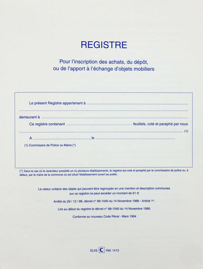 Registre d'objets mobilier antiquaires et brocanteurs - Ref : 1413