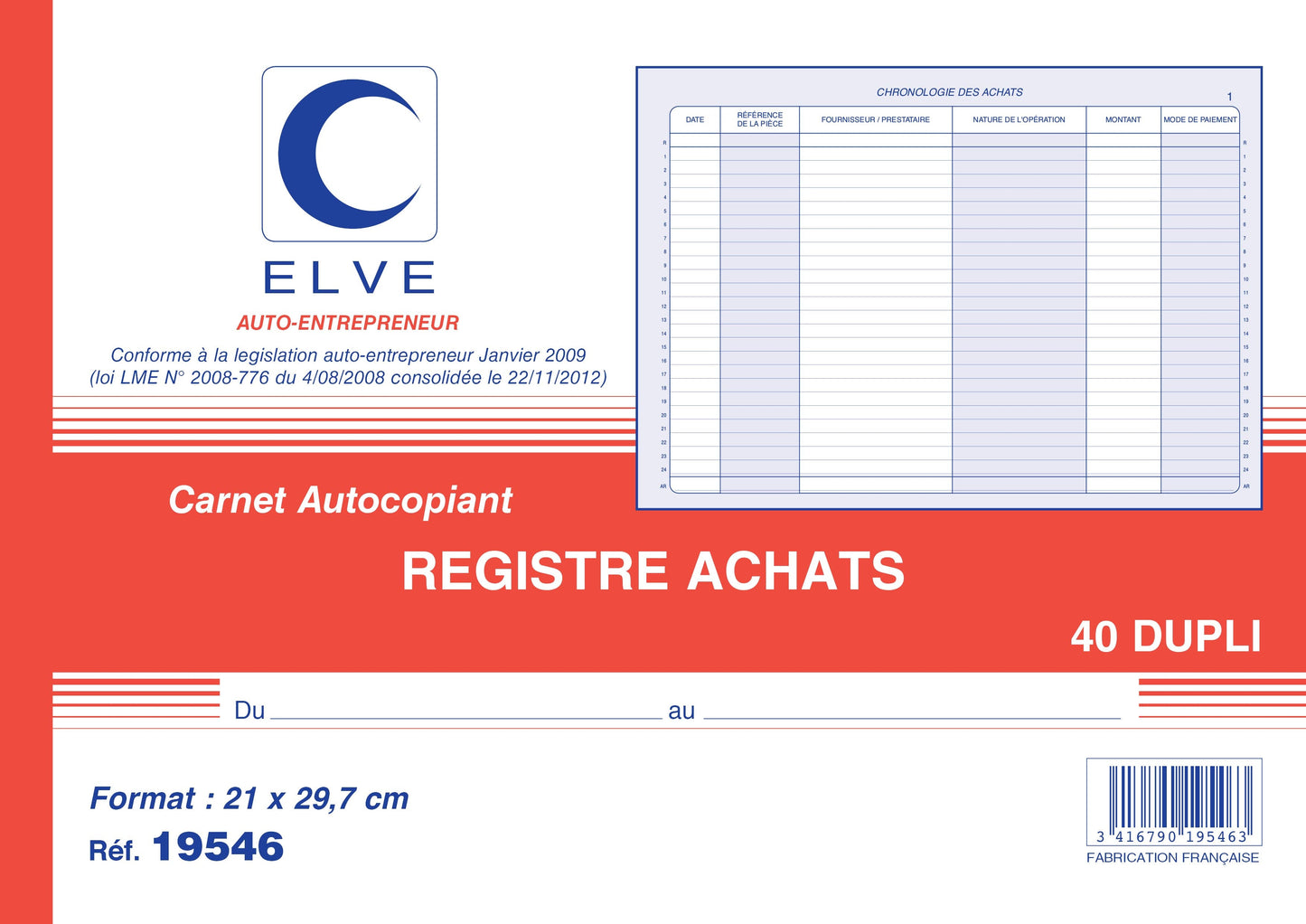 Ref: 19546 - Carnet auto-entrepreneurs sans TVA "Achats" - A4 - 40 dupli - Vendu par 5