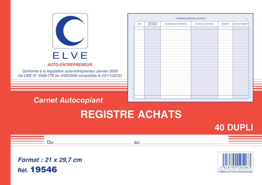 Ref: 19546 - Carnet auto-entrepreneurs sans TVA "Achats" - A4 - 40 dupli - Vendu par 5