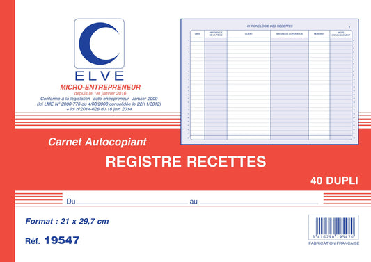 Ref: 19547 - Carnet auto-entrepreneurs sans TVA "Recettes" - A4 - 40 dupli - Vendu par 5