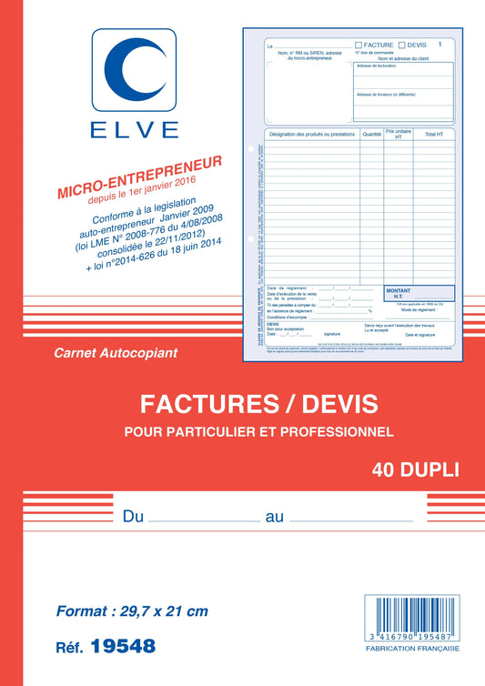Ref: 19548 - Carnet auto-entrepreneurs sans TVA "Factures- Devis" - A4 - 40 dupli - Vendu par 5