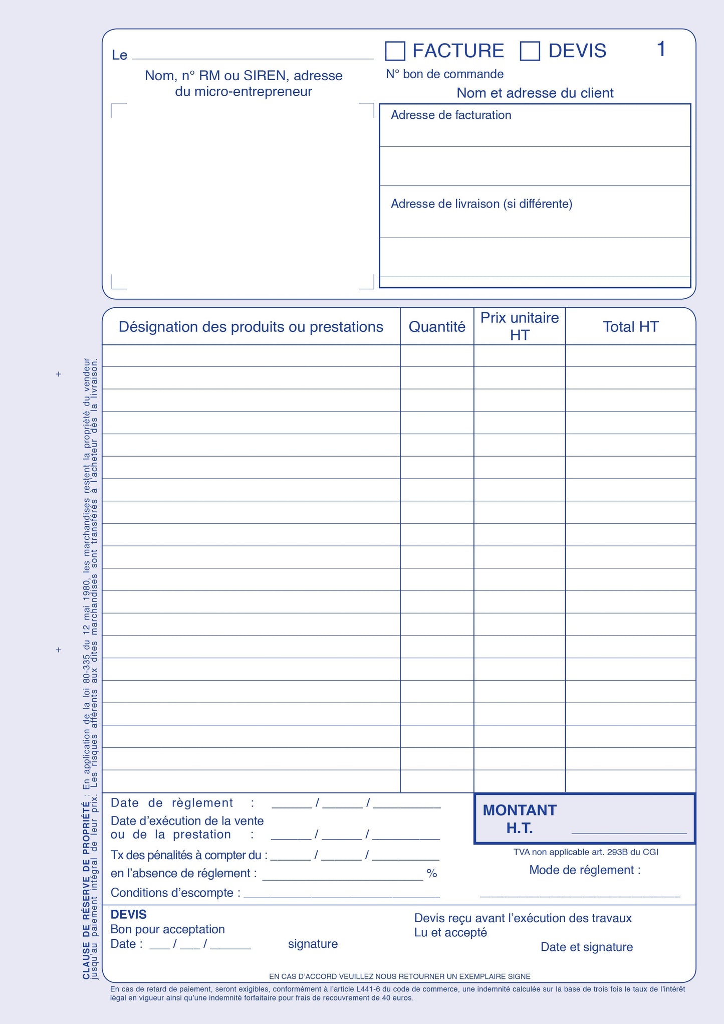 Ref: 19548 - Carnet auto-entrepreneurs sans TVA "Factures- Devis" - A4 - 40 dupli - Vendu par 5