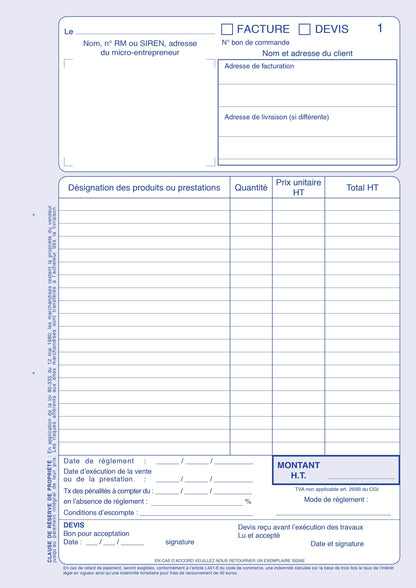 Ref: 19548 - Carnet auto-entrepreneurs sans TVA "Factures- Devis" - A4 - 40 dupli - Vendu par 5