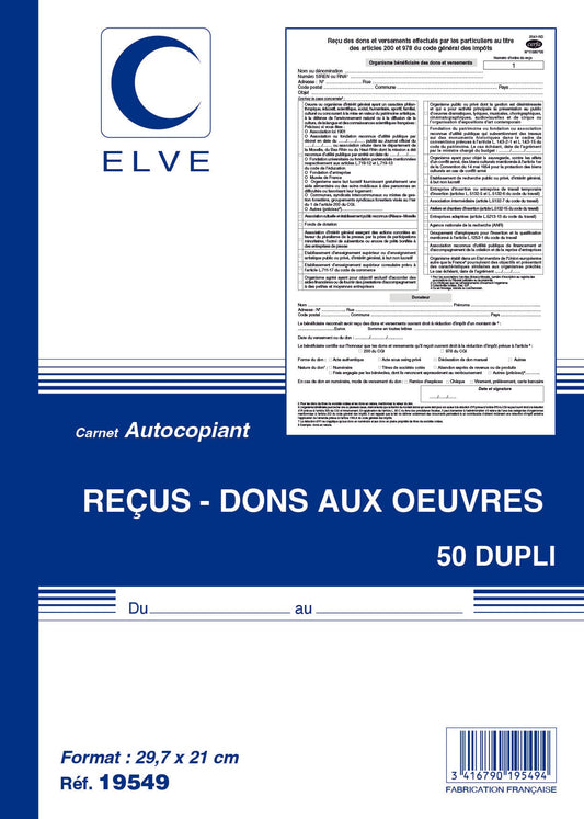 Ref: 19549 - Carnet "Reçus-Dons aux œuvres" - 29.7 x 21 - 100 dupli - x1 - imprimé CERFA