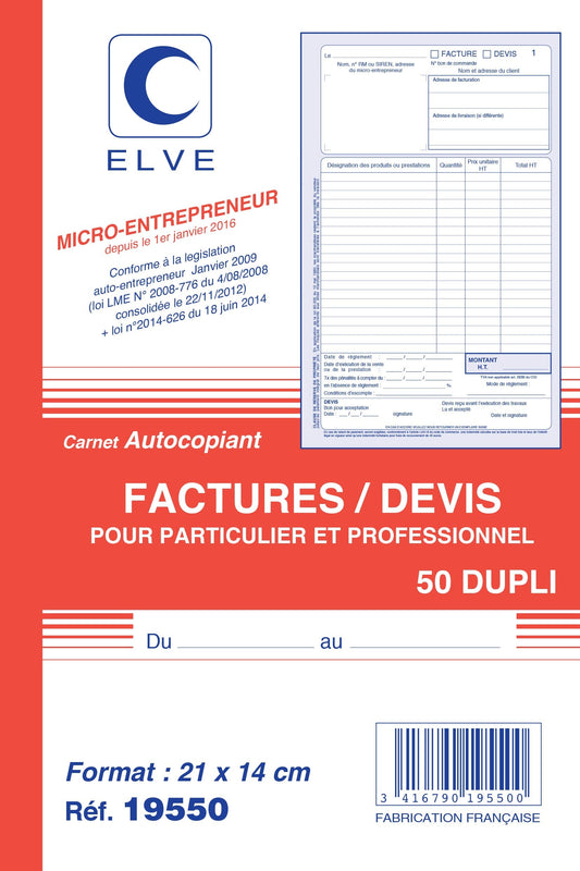 Ref: 19550 - Carnet auto-entrepreneurs sans TVA "Factures-devis" - A5 - 50 dupli - Vendu par 5