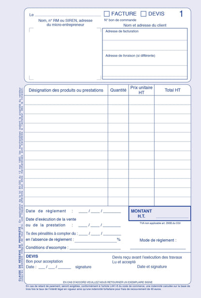 Ref: 19550 - Carnet auto-entrepreneurs sans TVA "Factures-devis" - A5 - 50 dupli - Vendu par 5