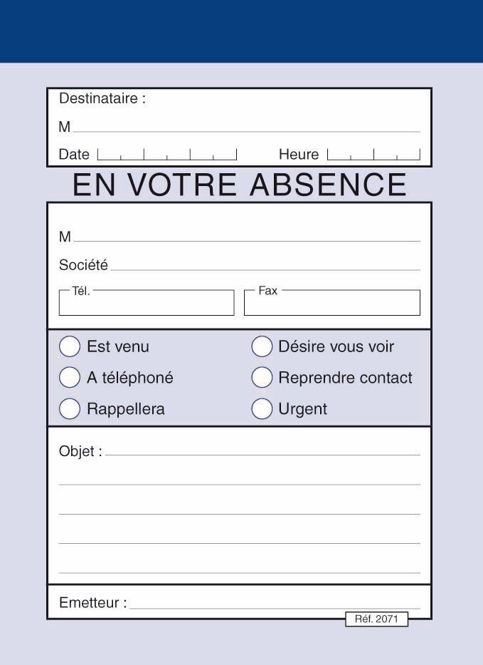 Ref: 2071 - Bloc message "En votre absence" 140x105 - 100 feuillets - vendu par 10