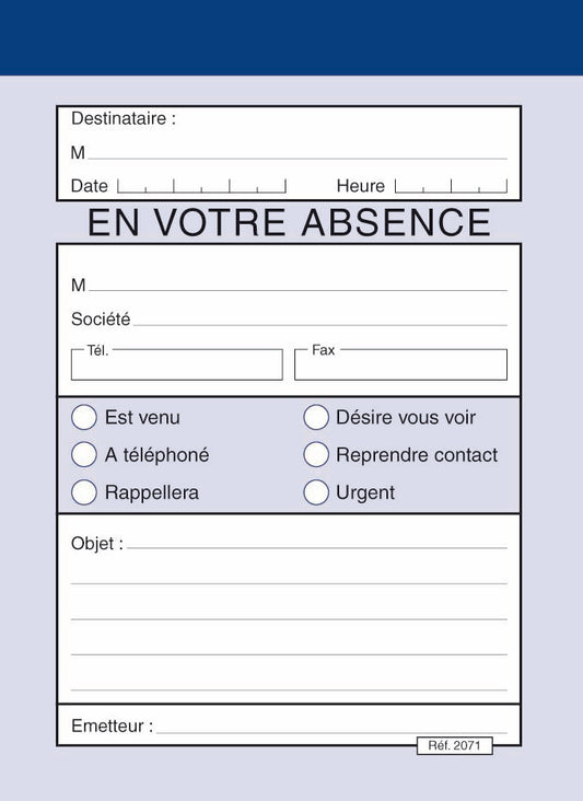 Ref: 2071 - Bloc message "En votre absence" 140x105 - 100 feuillets - vendu par 10
