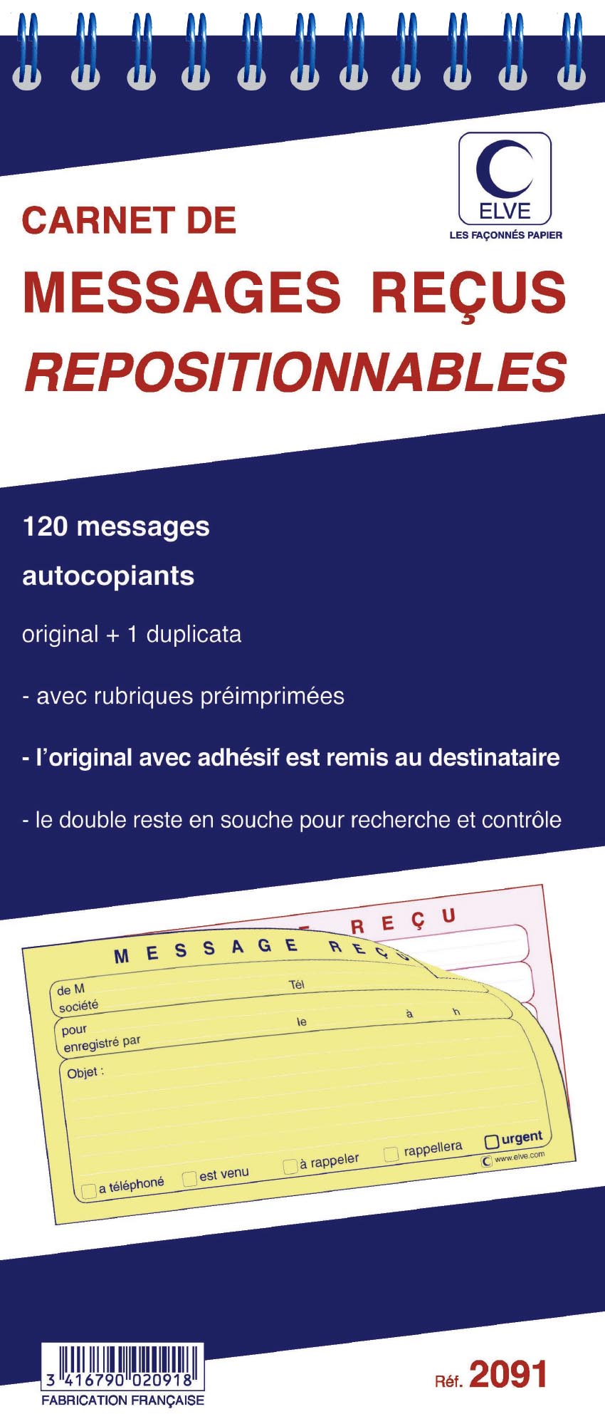 Ref: 2091 - Bloc Spiralé "120 messages" 322x140 - 30 Dupli - vendu par 5 - avec bande adhésive