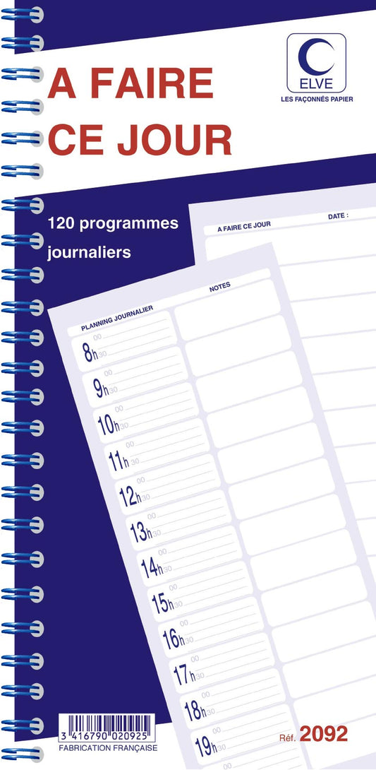 Ref: 2092 - Bloc Spiralé "A faire ce jour" 120 programmes - 297x140 - 120 feuillets  vendu par 5