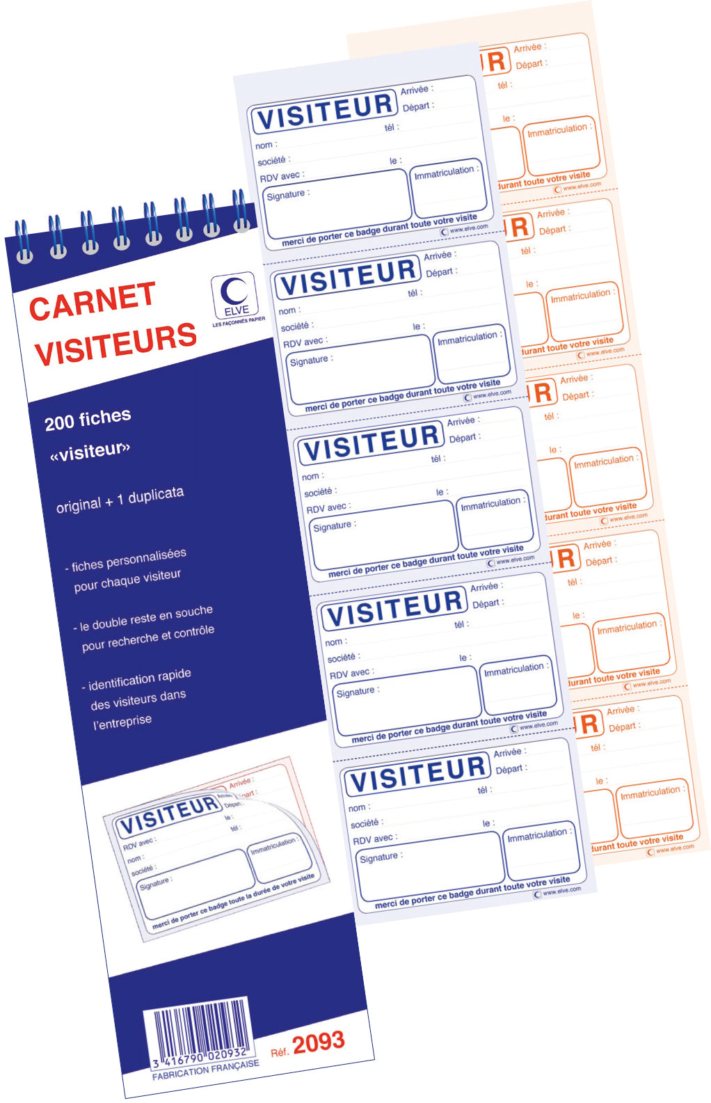 Ref: 2093 - Bloc Spiralé "Carnet visiteurs" 200 badges - 322x89 - 40 Dupli - vendu par 5