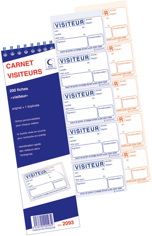 Ref: 2093 - Bloc Spiralé "Carnet visiteurs" 200 badges - 322x89 - 40 Dupli - vendu par 5