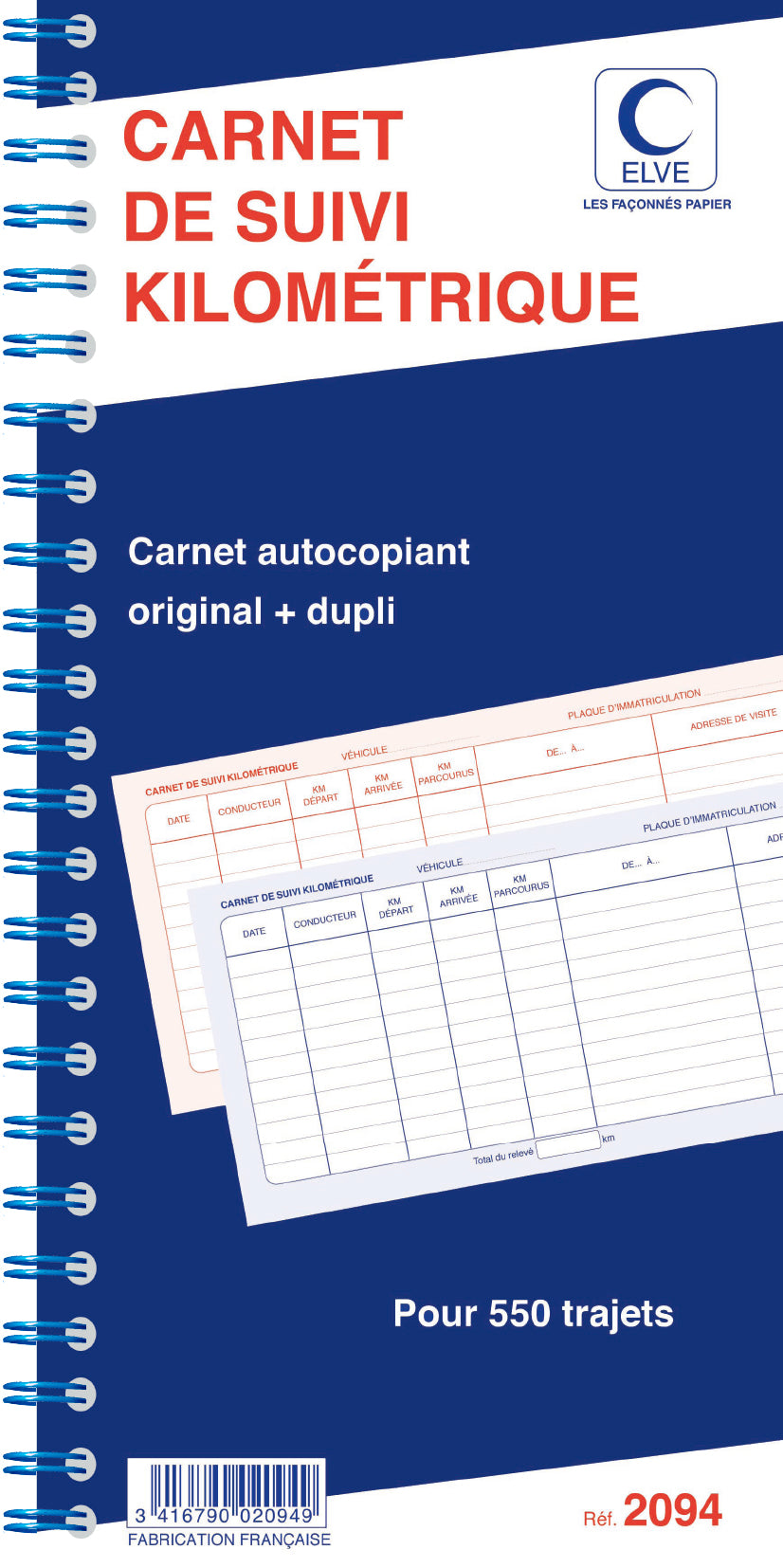 Ref: 2094 - Bloc Spiralé " Carnet de suivi kilométrique" 297x140 - 50 dupli - vendu par 5