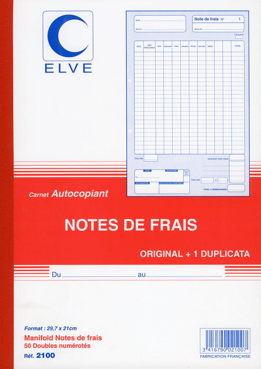 Ref: 2100 - Carnet " Notes de frais" - A4 - 50 dupli - Vendu par 5