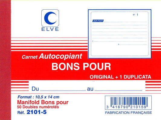 Ref: 21015 - Carnet "Bons pour" - A6 - 50 dupli - vendu par 10