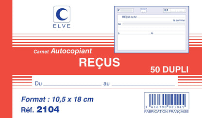 Ref: 2104 - Carnet "Reçus sans TVA" - 105 x 180 - 50 dupli - vendu par 10