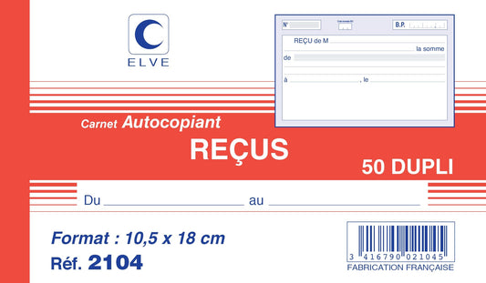 Ref: 2104 - Carnet "Reçus sans TVA" - 105 x 180 - 50 dupli - vendu par 10