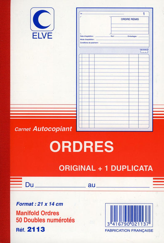 Ref: 2113 - Carnet "Ordres" - A5 - 50 dupli - vendu par 10