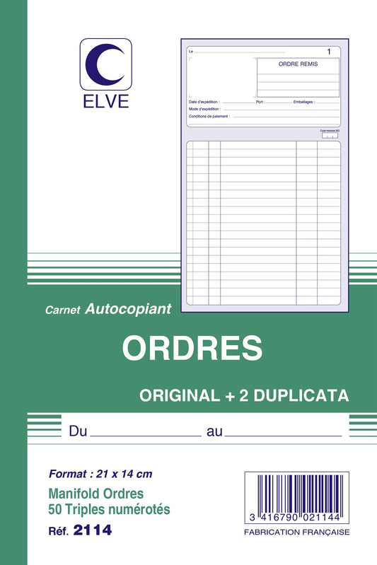 Ref: 2114 - Carnet "Ordres" - A5 - 50 tripli - vendu par 10