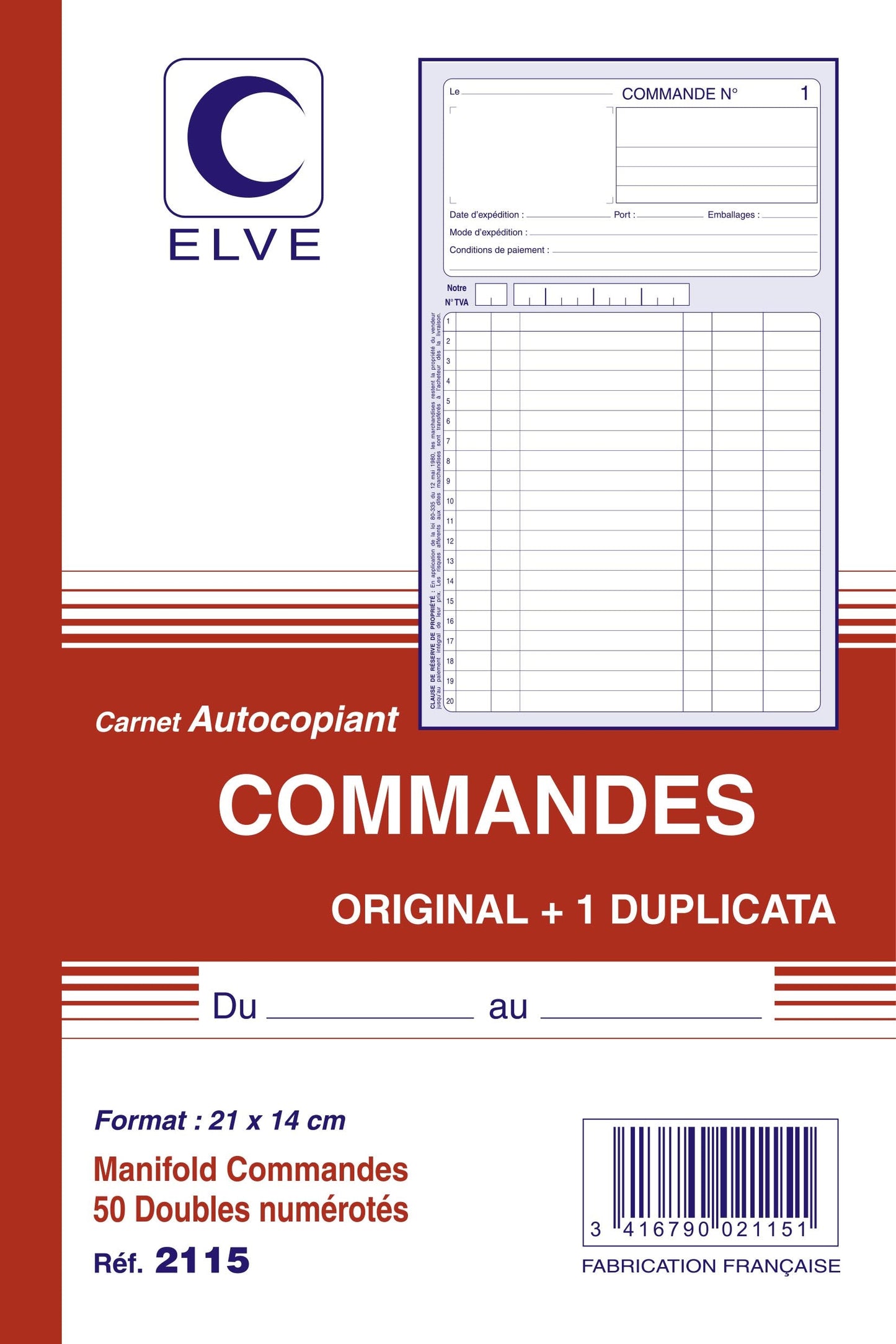 Ref: 2115 - Carnet "Commandes" - A5 - 50 dupli - vendu par 10