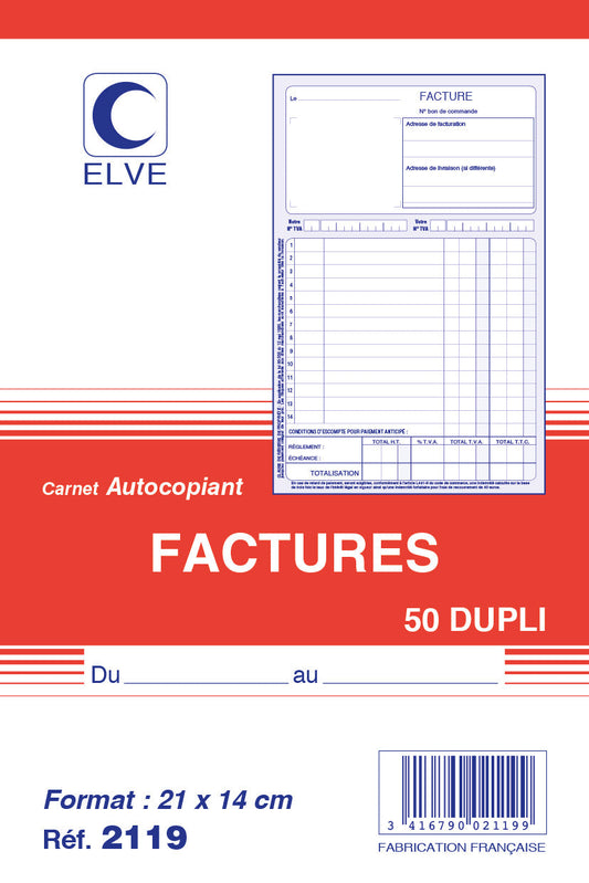 Ref: 2119 - Carnet "Factures avec TVA" encollé en-tête - A5 - 50 dupli - vendu par 10