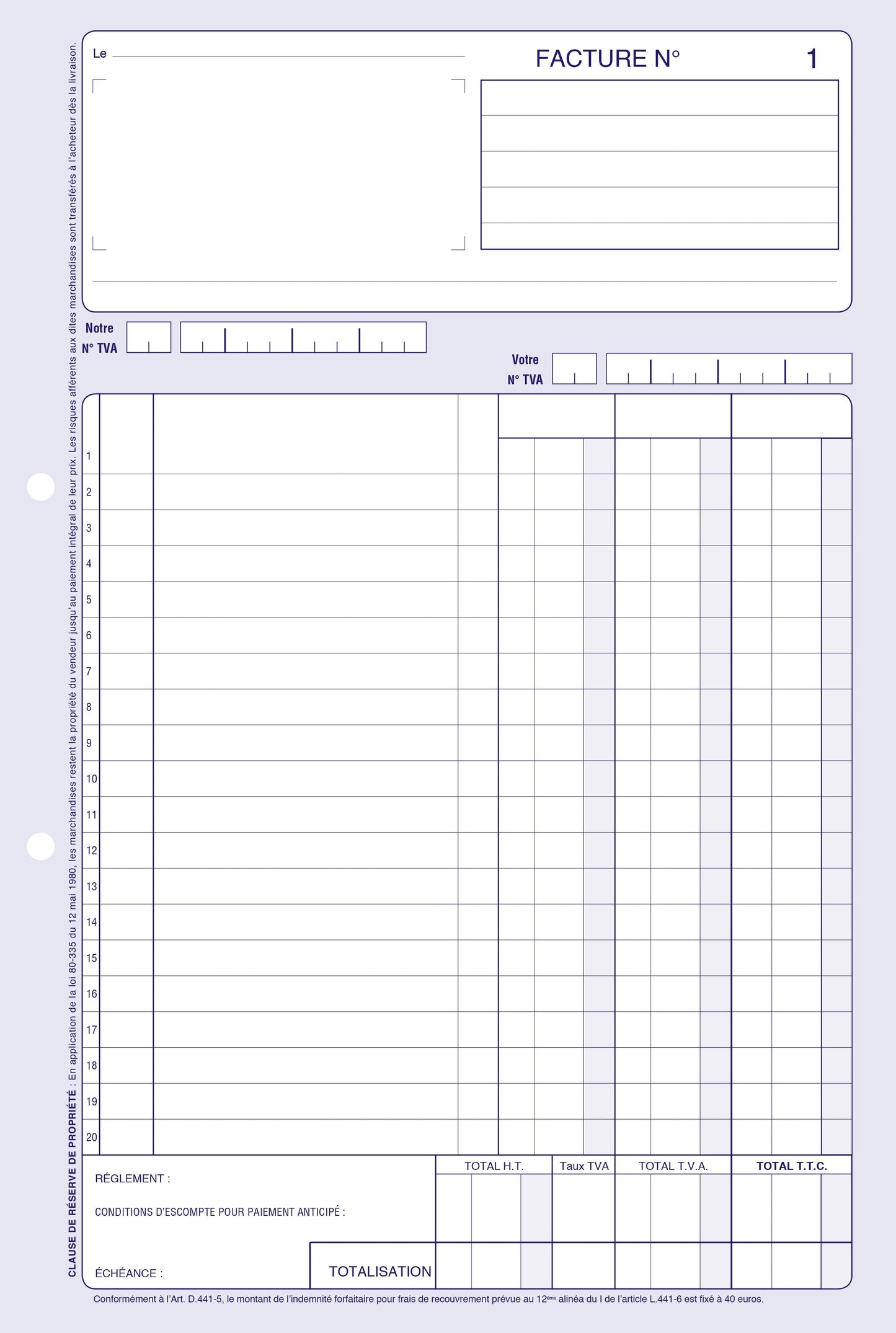 Ref: 2119 - Carnet "Factures avec TVA" encollé en-tête - A5 - 50 dupli - vendu par 10