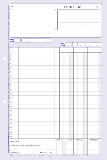 Ref: 2119 - Carnet "Factures avec TVA" encollé en-tête - A5 - 50 dupli - vendu par 10