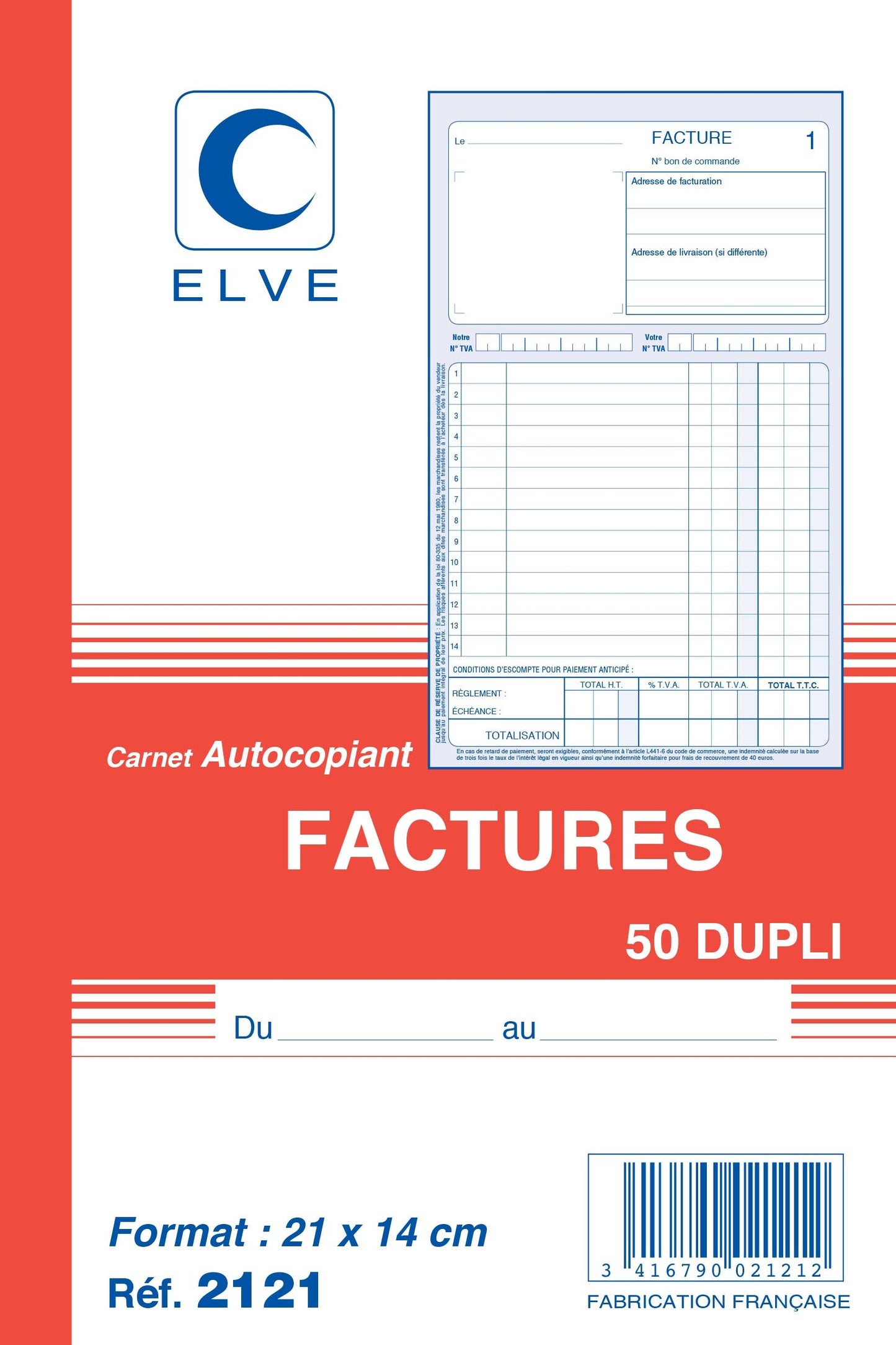 Ref: 2121 - Carnet "Factures avec TVA" - A5 - 50 dupli - vendu par 10