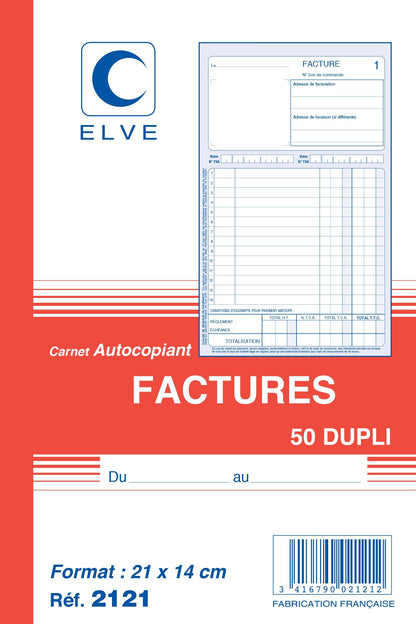 Ref: 2121 - Carnet "Factures avec TVA" - A5 - 50 dupli - vendu par 10