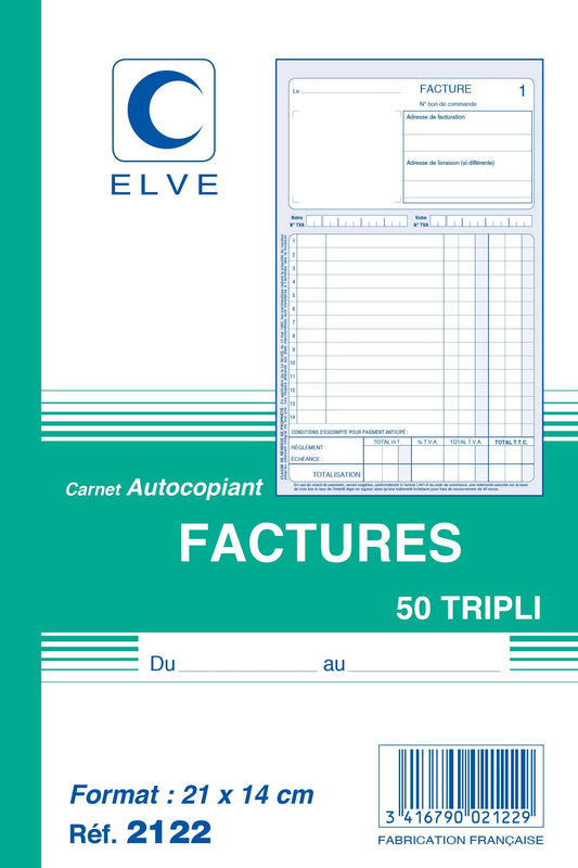 Ref: 2122 - Carnet "Factures avec TVA" - A5 - 50 tripli - vendu par 10
