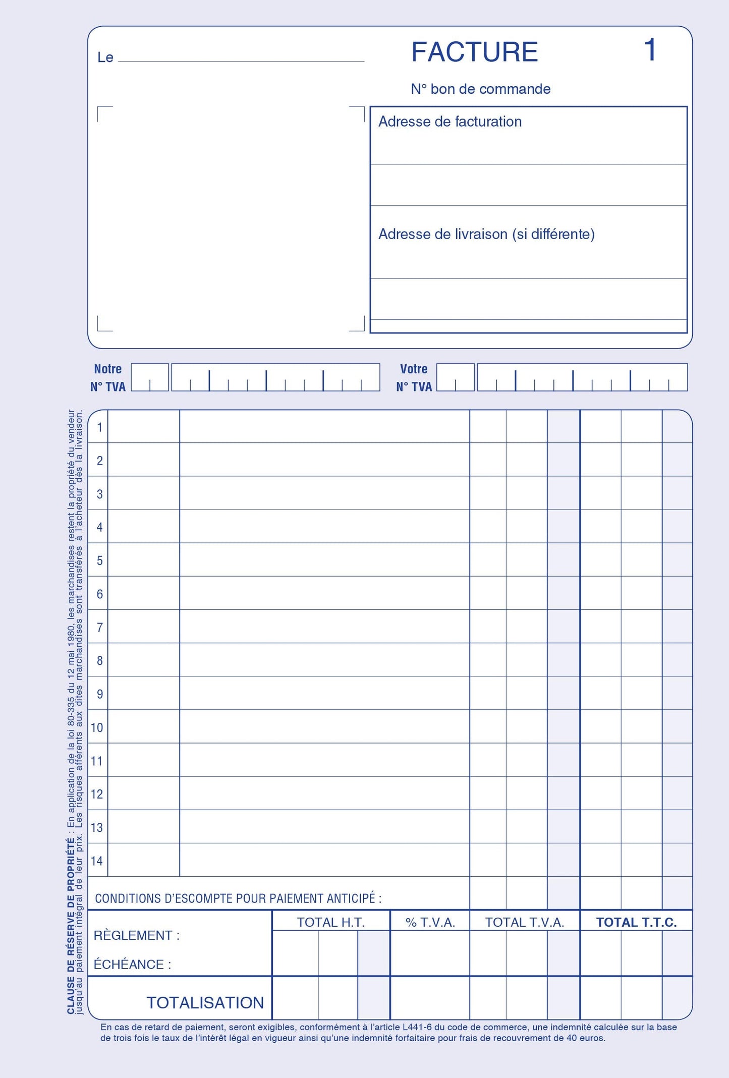 Ref: 2122 - Carnet "Factures avec TVA" - A5 - 50 tripli - vendu par 10