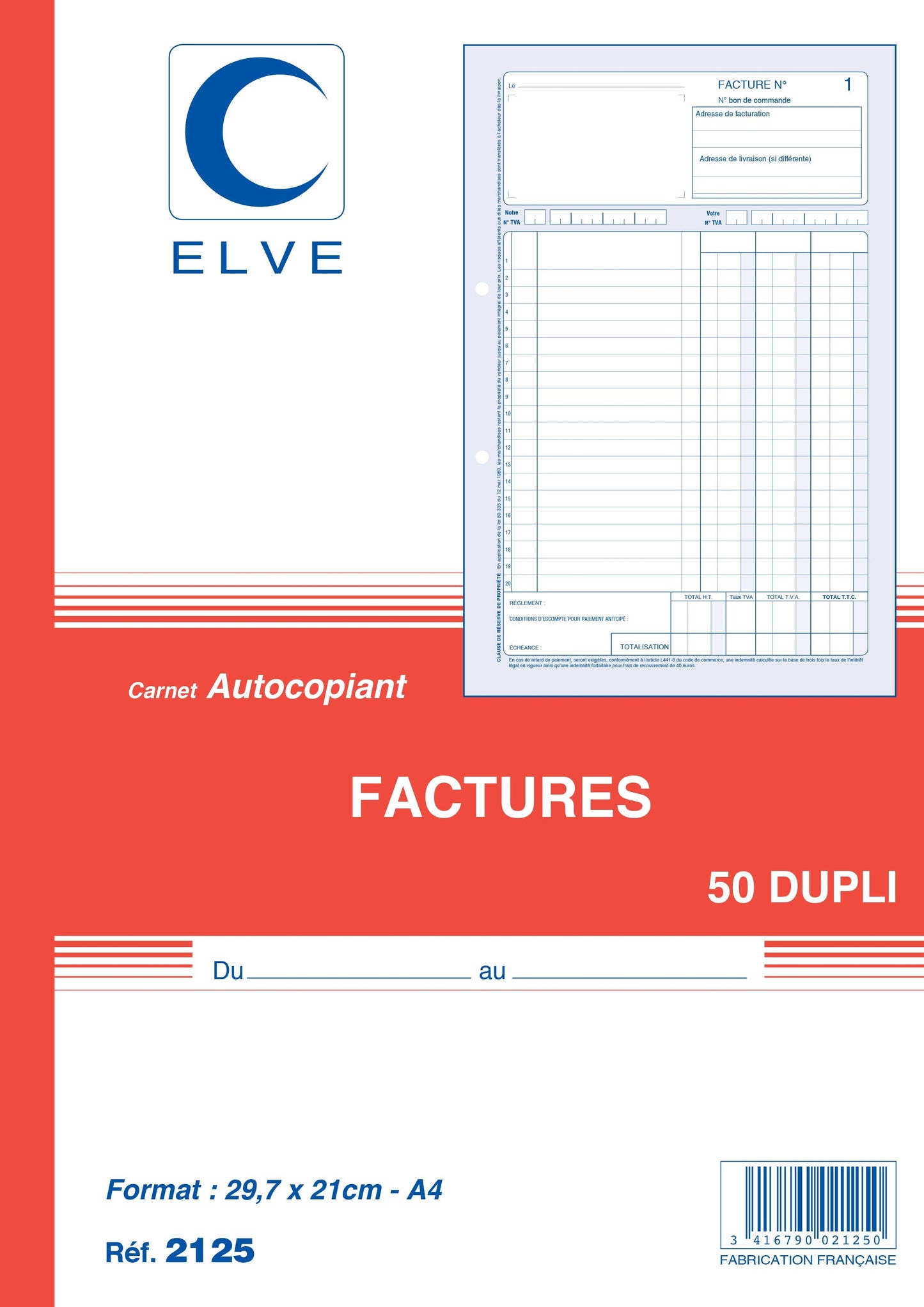 Ref: 2125 - Carnet "Factures avec TVA" - A4 - 50 dupli - vendu par 5