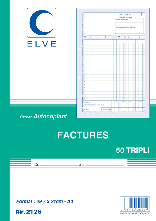 Ref: 2126 - Carnet "Factures avec TVA" - A4 - 50 tripli - vendu par 5
