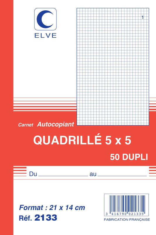 Ref: 2133 - Carnet quadrillé 5*5 - A5 - 50 dupli - vendu par 10